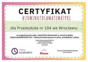 Certyfikat dla Przedszkola 104 za Dzień Matematyki