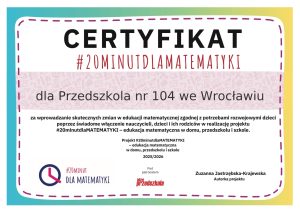 Certyfikat dla Przedszkola 104 za projekt #20minutdlaMATEMATYKI